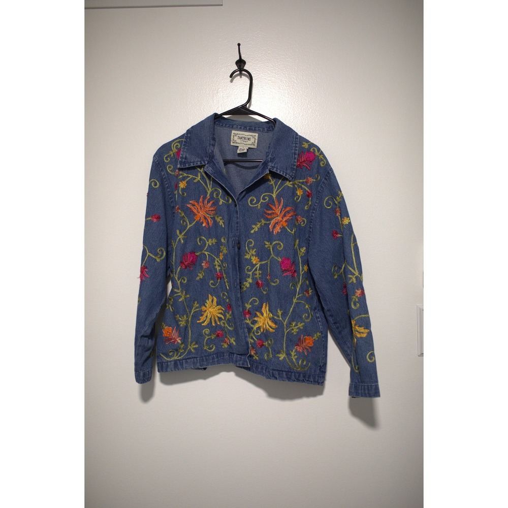 Vintage Tantrums Floral Embroidered Denim Jacket Blue Cotton Womens Large
